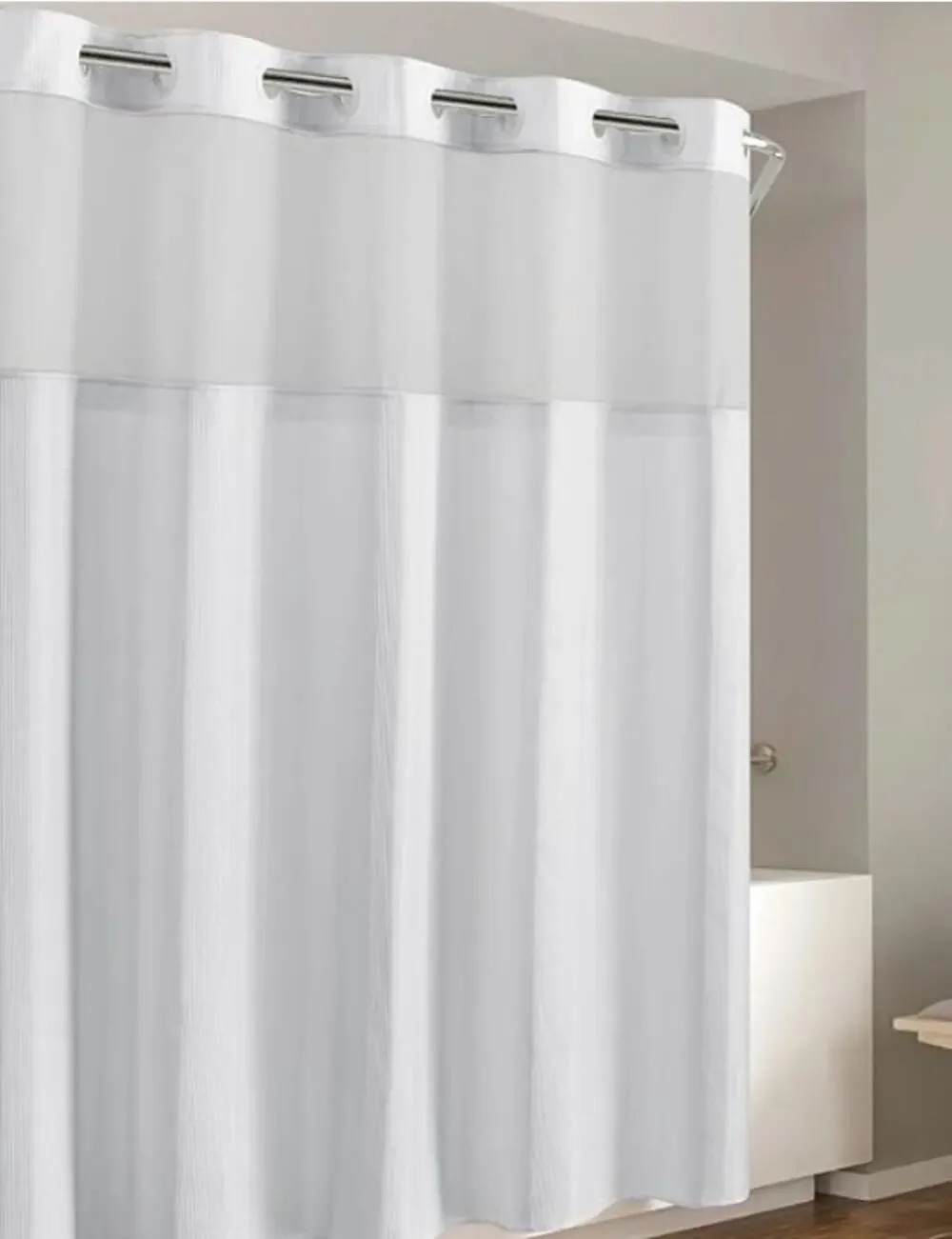 Waffle Stripe 2-in-1 Shower Curtain and Sheer Top Window, -Bright White
